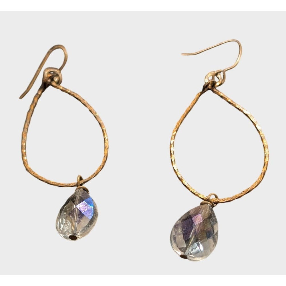 Vintage Teardrop Hoop Earrings Gold Brass Hammered Crystal Glass Dangle Boho 2.5